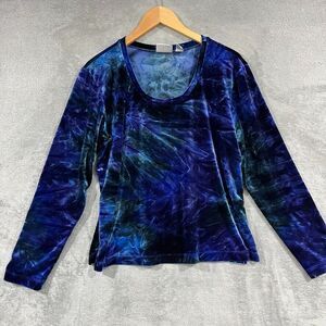 Chicos 90s Womens Vintage Tie Dye Velvet Long Sleeve Top Blue Y2K Size 3/L